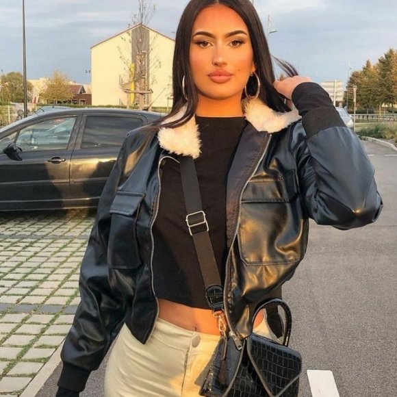 Black Vegan Faux Leather Faux Fur Collar Long Sleeve Bomber Jacket - Picture 7 of 8